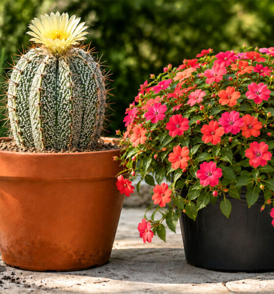 Procvali Astrophytum ornatum u glinenom loncu i bujne vodenike u crnom plastičnom loncu.