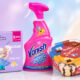 Pakiranje Violeta Double Care vlažnih maramica, ružičasti Vanish Oxi Action odstranjivač mrlja i kutija sladoleda Quattro Dorina na svijetloj pastelnoj pozadini.