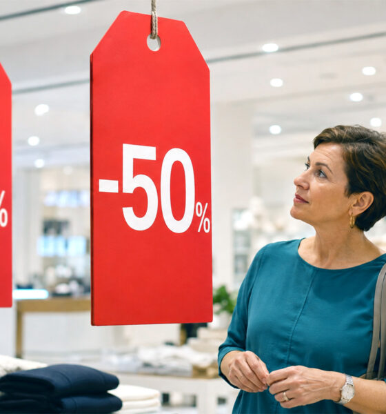 Žena u trgovačkom centru promatra velike crvene oznake s popustima od 30, 50 i 70 posto.