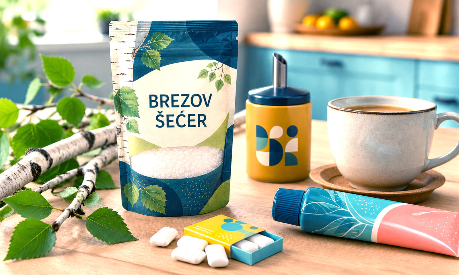 Pakiranje brezova šećera na kuhinjskom stolu uz brezove grančice, žvakaće gume, pastu za zube, stolno sladilo i šalicu kave.