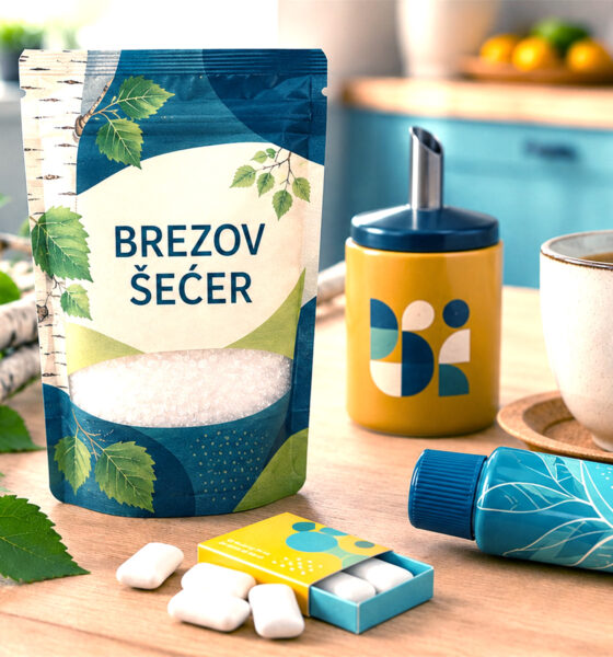 Pakiranje brezova šećera na kuhinjskom stolu uz brezove grančice, žvakaće gume, pastu za zube, stolno sladilo i šalicu kave.