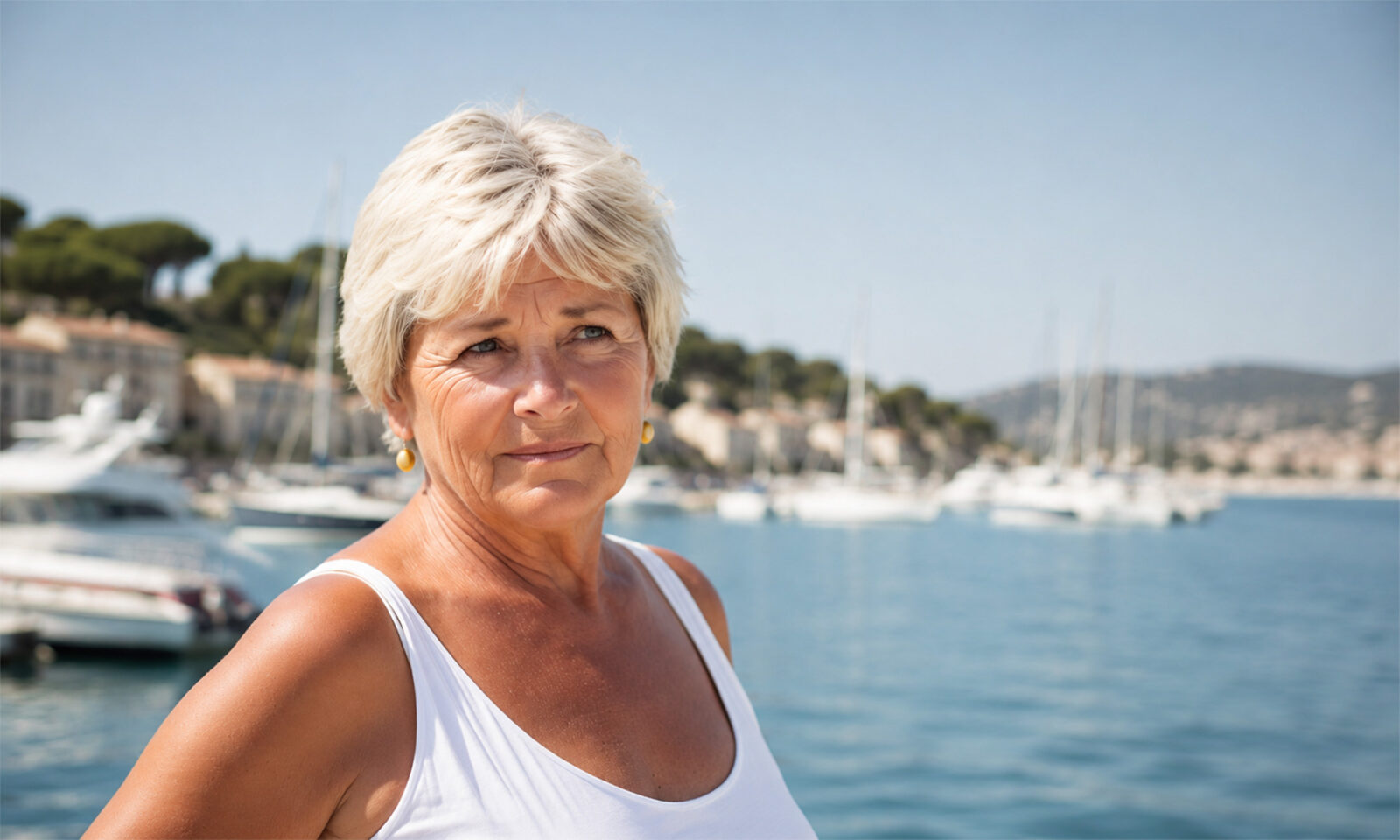 Zabrinuta starija žena u bijeloj majici stoji uz marinu na moru, s brodicama i obalom u pozadini.