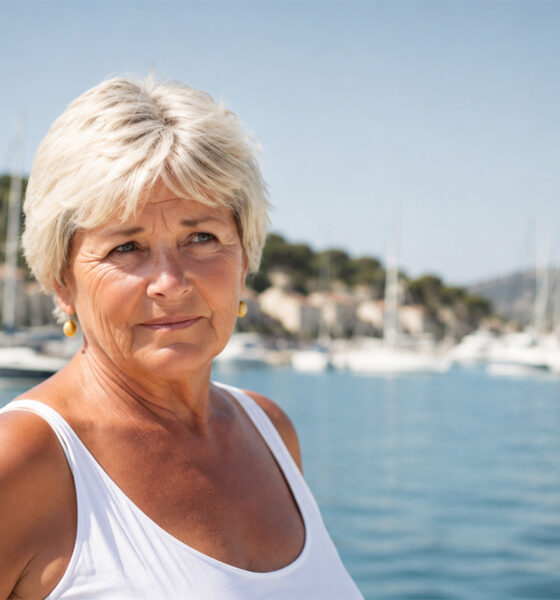 Zabrinuta starija žena u bijeloj majici stoji uz marinu na moru, s brodicama i obalom u pozadini.