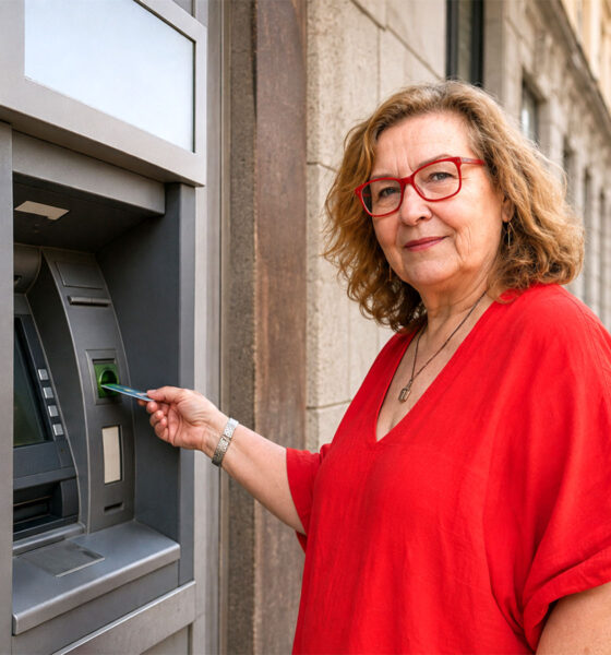 Starija žena u crvenoj bluzi i s crvenim naočalama koristi bankomat u središtu Zagreba.