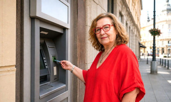 Starija žena u crvenoj bluzi i s crvenim naočalama koristi bankomat u središtu Zagreba.