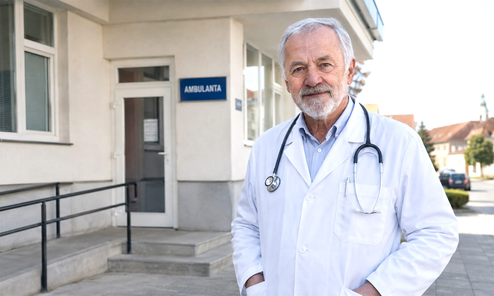 Stariji liječnik u bijeloj kuti sa stetoskopom stoji ispred ambulante u Hrvatskoj.