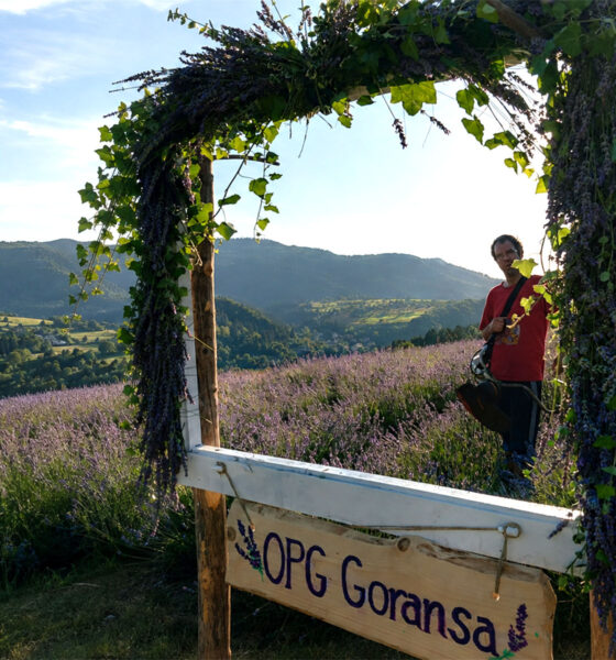 Muškarac stoji u cvjetnom okviru s natpisom OPG Goransa, okružen poljem lavande i goranskim krajolikom u suton.