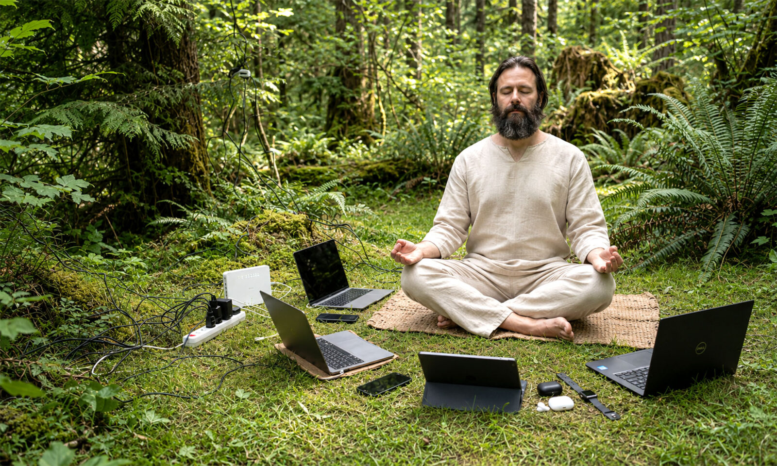 Bradati guru meditira u šumi okružen laptopima, mobitelima, routerom, punjačima i kabelima.