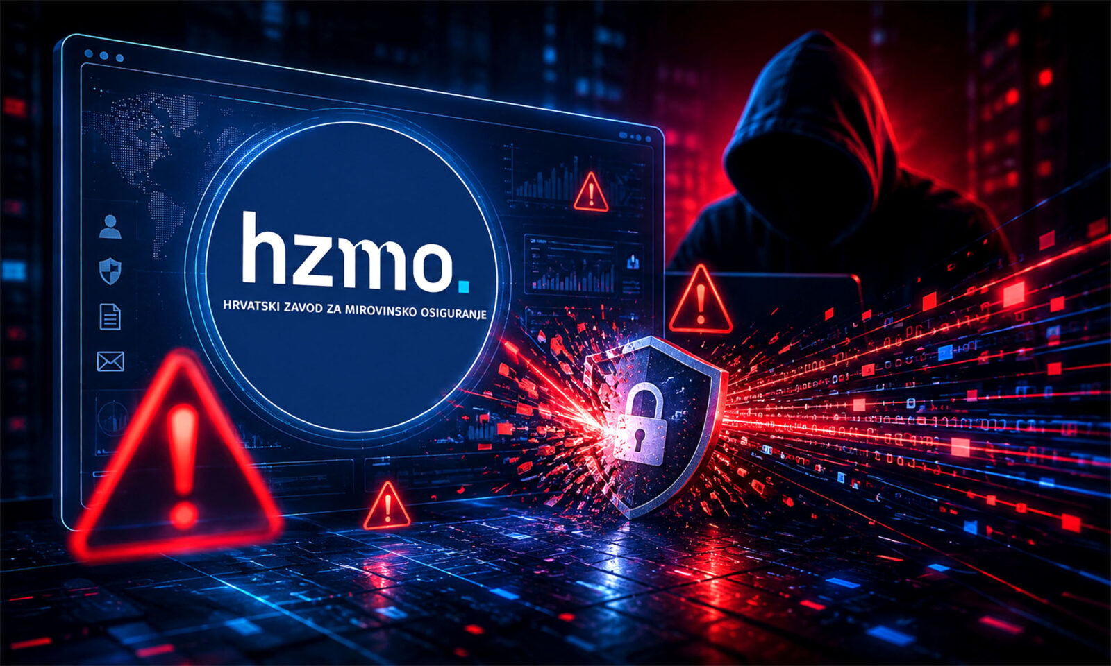 Ilustracija kibernetičkog napada na HZMO s prikazom logotipa Zavoda, upozorenjima, digitalnim sigurnosnim sustavom i anonimnim hakerom u crveno-plavom tehnološkom okruženju.