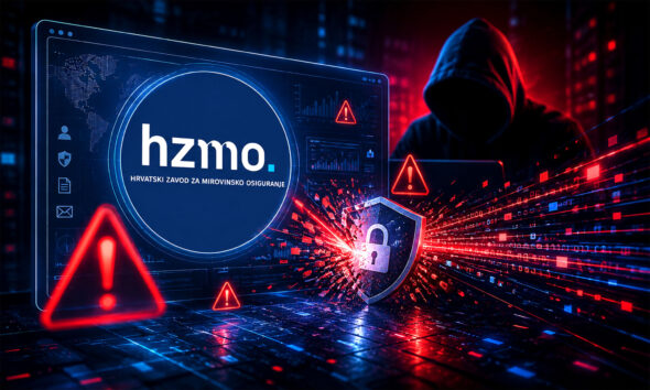 Ilustracija kibernetičkog napada na HZMO s prikazom logotipa Zavoda, upozorenjima, digitalnim sigurnosnim sustavom i anonimnim hakerom u crveno-plavom tehnološkom okruženju.