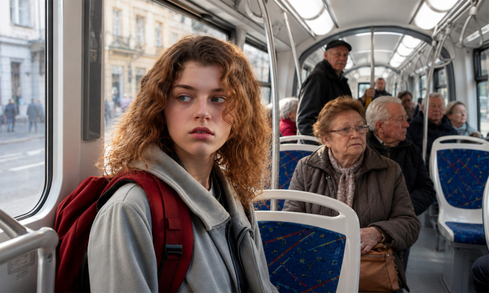 Mlada žena u zagrebačkom tramvaju okružena starijim putnicima.