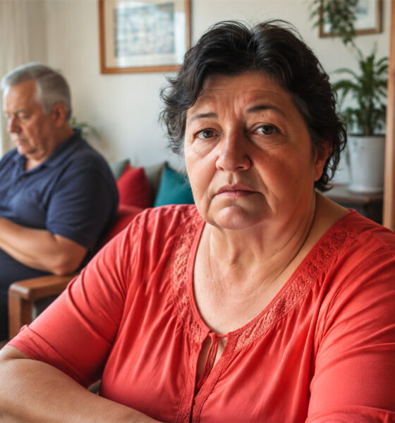 Povrijeđena supruga sjedi u dnevnom boravku dok se njezin muž u pozadini dopisuje preko mobitela.