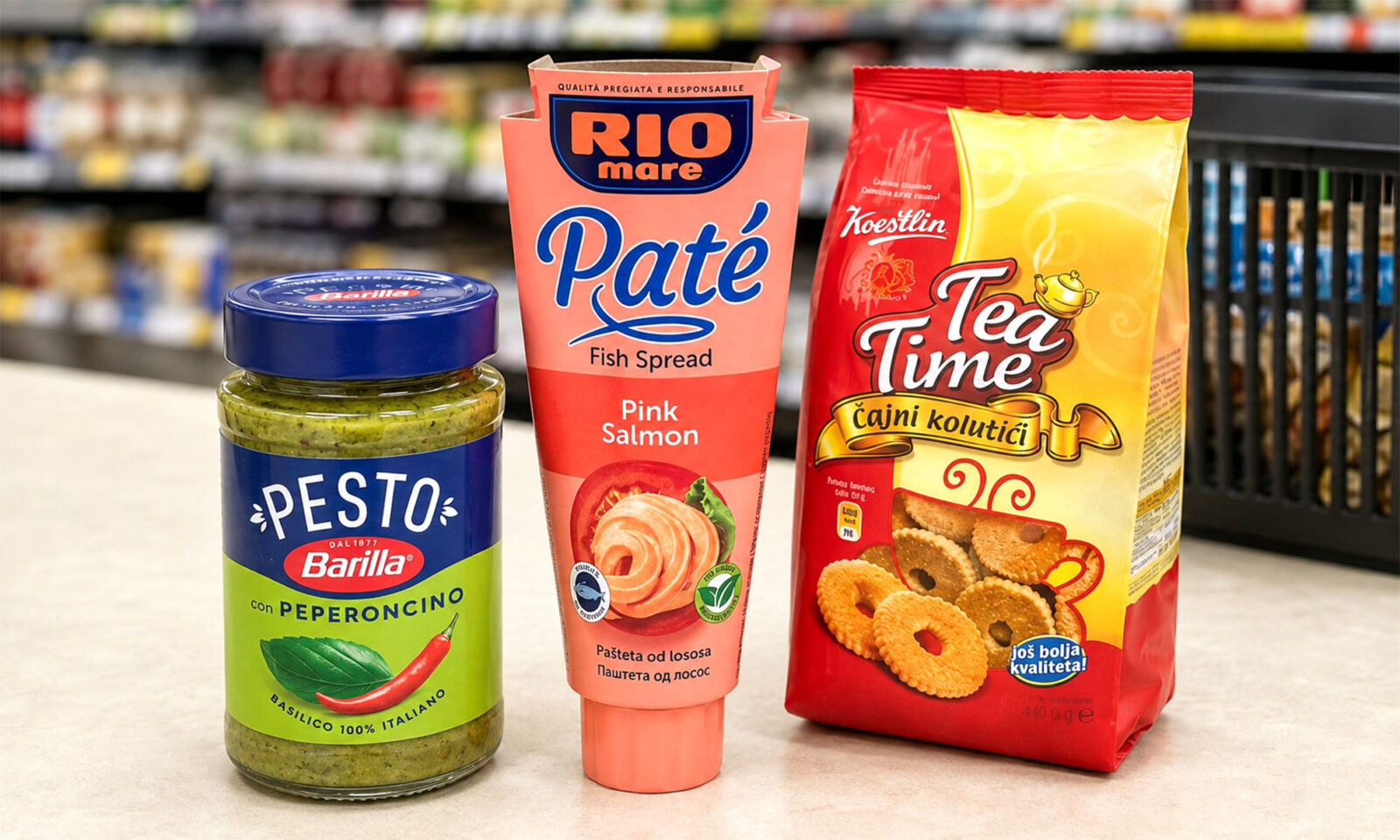 Barilla pesto, Rio Mare pašteta od lososa i Koestlin Tea Time keksi, čije se cijene znatno razlikuju među trgovačkim lancima.