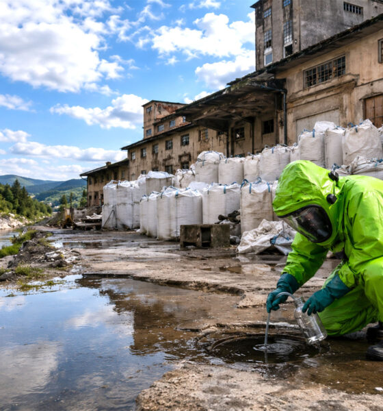 Stručnjak u zaštitnom odijelu uzima uzorak vode pokraj vreća s industrijskim otpadom i napuštenog tvorničkog kompleksa.