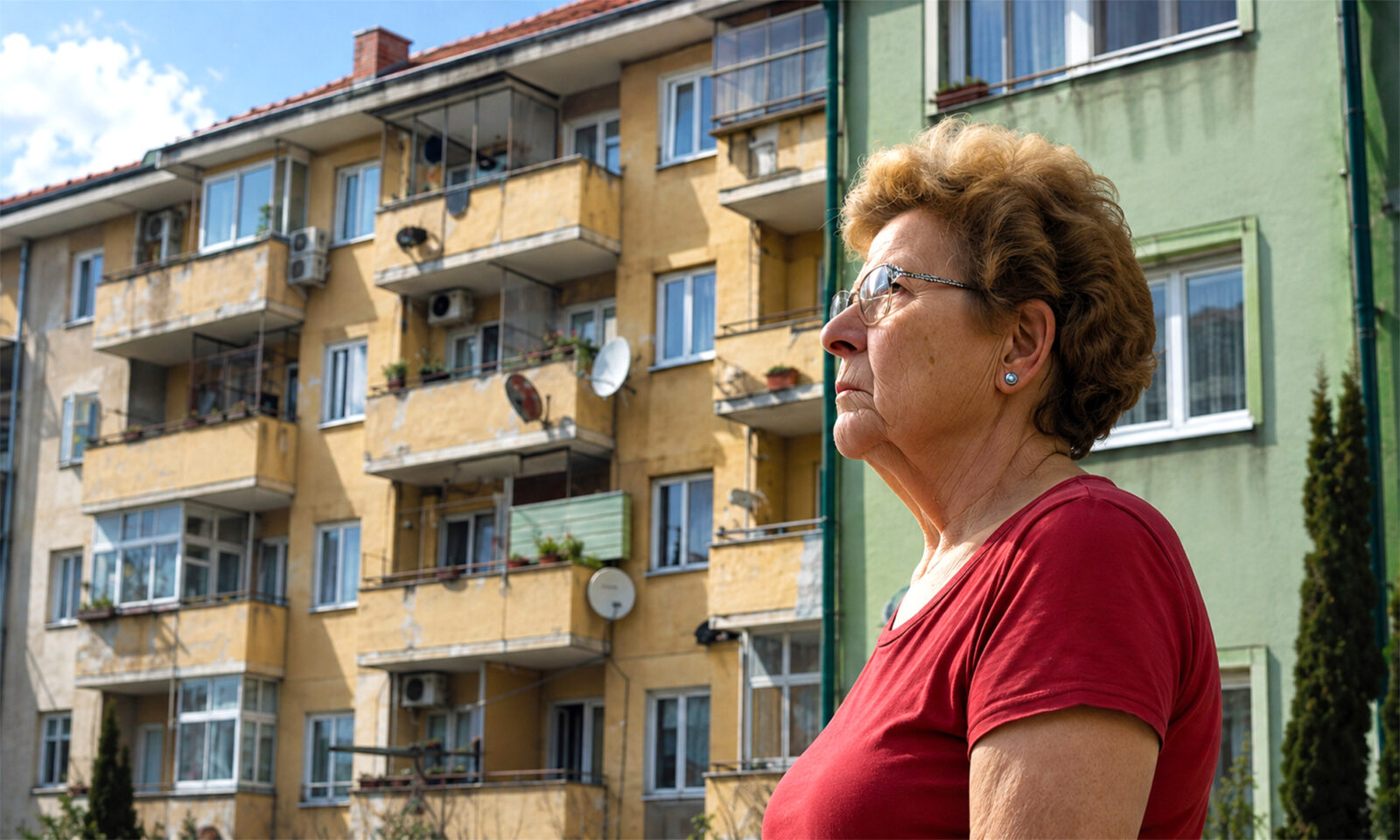 Starija žena u crvenoj majici stoji ispred stambene zgrade, ilustrirajući rastući problem troškova najma u mirovini.