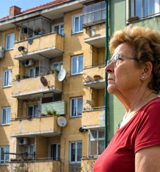 Starija žena u crvenoj majici stoji ispred stambene zgrade, ilustrirajući rastući problem troškova najma u mirovini.