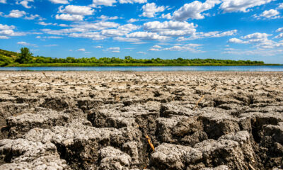 Ispucala i isušena zemlja uz jezero pod vedrim nebom ilustrira posljedice suše i klimatskih promjena.