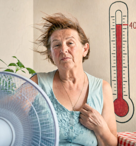 Starija žena rashlađuje se pred ventilatorom u stanu, dok termometar iza nje pokazuje 40 Celzijevih stupnjeva.