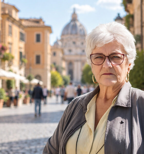 Starija žena sijede kose i naočala stoji na sunčanoj ulici talijanskoga grada, s povijesnim zgradama i prolaznicima u pozadini.