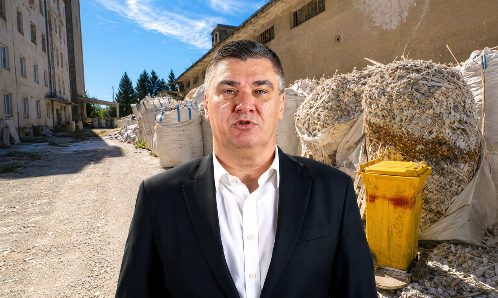 Zoran Milanović ispred prizora odloženog otpada u Gospiću, uz velike vreće s otpadnim materijalom i industrijske objekte u pozadini.