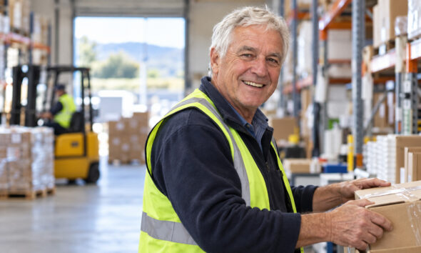 Stariji radnik u skladištu slaže pakete. Ilustracija rada nakon 65. godine.