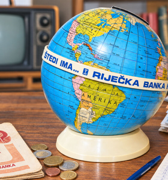 Globus kasica Riječke banke uz euro novčanice, kovanice i štednu knjižicu, kao simbol štednje i planiranja troškova u mirovini.