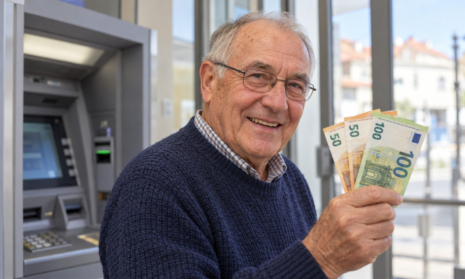 Stariji muškarac u plavom puloveru drži euronovčanice pokraj bankomata.
