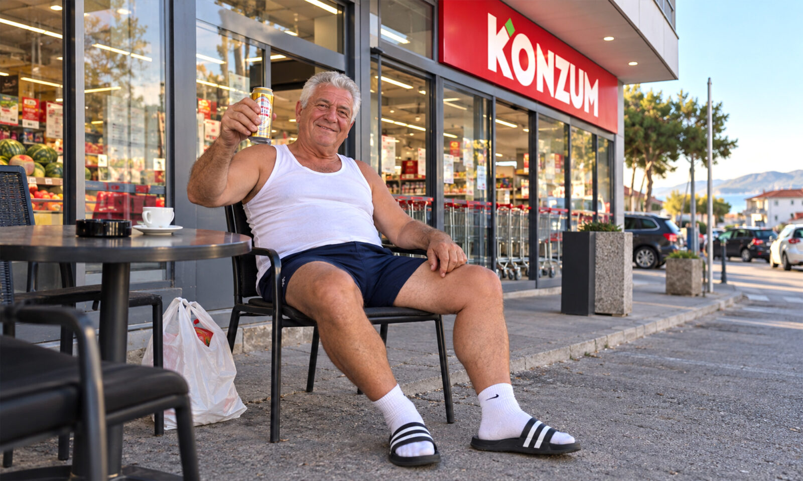 Stariji muškarac u kratkim hlačicama opušteno sjedi pred Konzumom i podiže limenku piva.