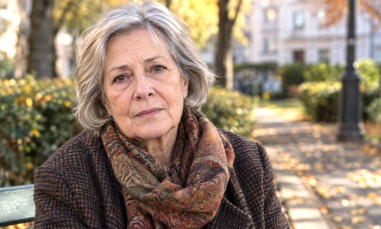 Starija žena sijede kose u tamnom kaputu i šarenom šalu, na klupi u jesenskom parku.