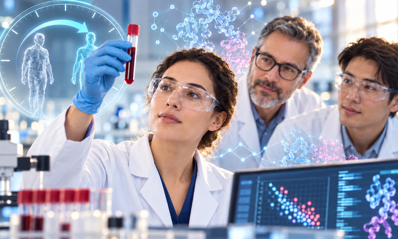 Znanstvenica u laboratoriju promatra epruvetu s uzorkom krvi, dok iza nje tim istraživača i digitalni prikazi biomarkera starenja simboliziraju pomlađivanje biološke dobi.