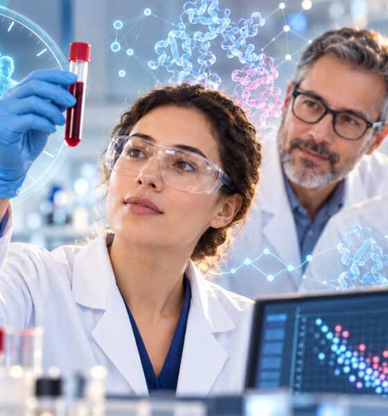 Znanstvenica u laboratoriju promatra epruvetu s uzorkom krvi, dok iza nje tim istraživača i digitalni prikazi biomarkera starenja simboliziraju pomlađivanje biološke dobi.