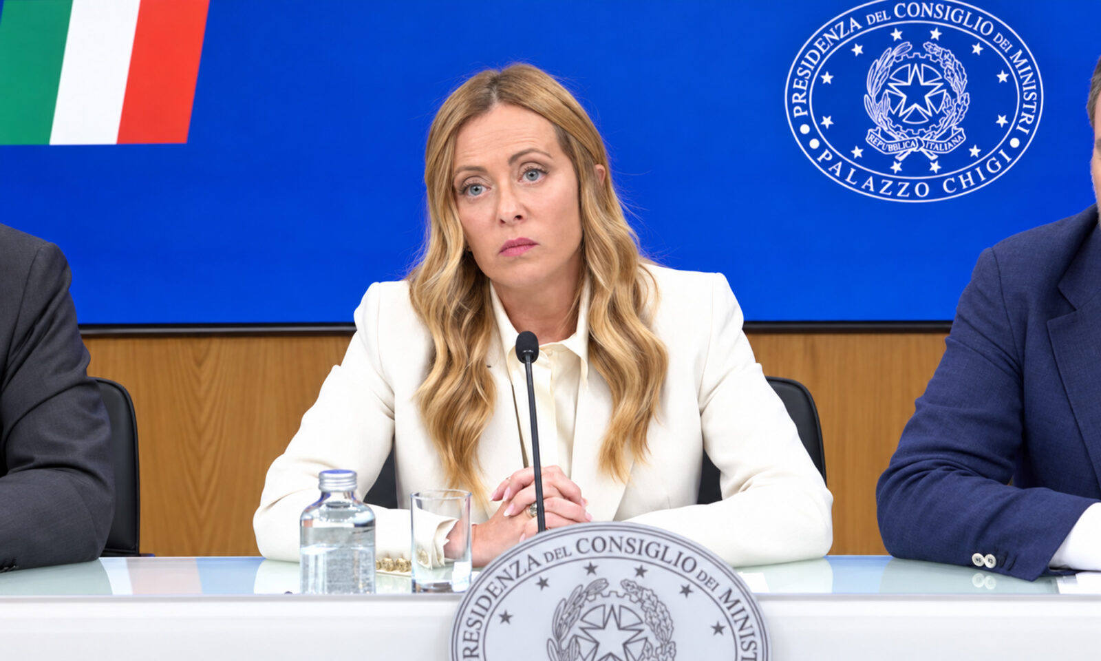 Talijanska premijerka Giorgia Meloni u bijelom sakou za govornicom na konferenciji za novinare u palači Chigi.