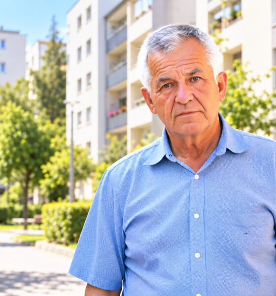 Stariji muškarac u plavoj košulji stoji ispred stambenih zgrada u sunčanom gradskom naselju.