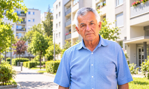 Stariji muškarac u plavoj košulji stoji ispred stambenih zgrada u sunčanom gradskom naselju.