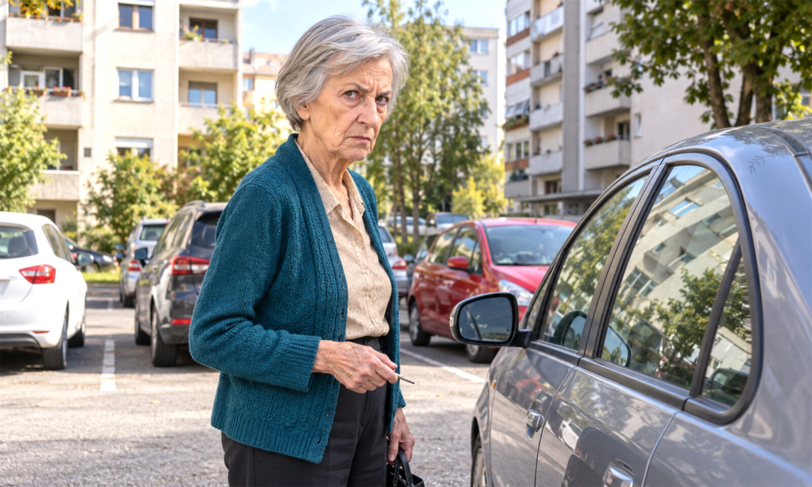 Bijesna umirovljenica s ključem u ruci stoji među parkiranim automobilima u zagrebačkom naselju.